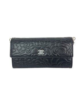 Chanel Lambskin Camellia Black Leather Flap Wallet Clutch